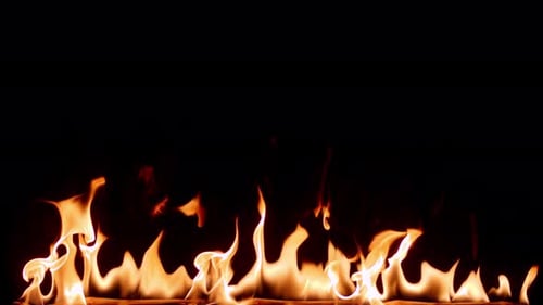 Feuerflammen in Zeitlupe tanzen vor einem tiefschwarzen Hintergrund.