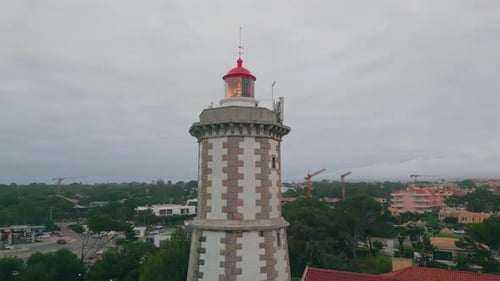Lighthouse Tower Shining Shore Under Gloomy Cloudy Sky Aerial View Beacon Light