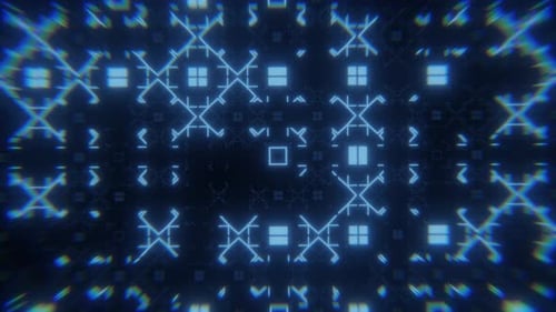 Looped abstract background with flying through bright glowing patterns pulsating in the dark