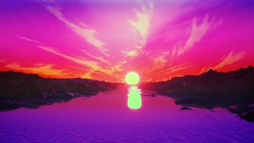 Animation rétro des années 1980 avec rochers, rivière, soleil et rose cyberpunk