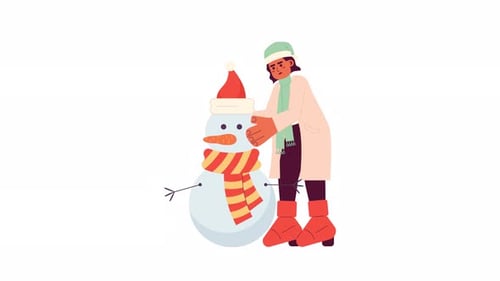 Animación de personajes 2D de mujer árabe construyendo muñeco de nieve
