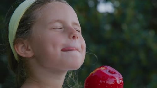 Little Girl Enjoys a Delicious Red Candy Apple