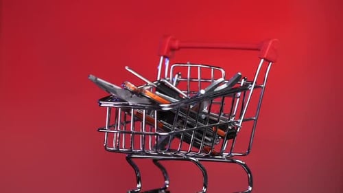 Closeup of Shopping Cart Trolley with Construction Tools Repair Tools
