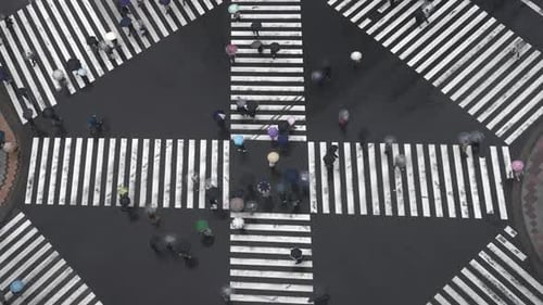 4K Высокий угол обзора: толпа людей, пересекающих пешеходный переход в Токио, Япония, в дождливый день