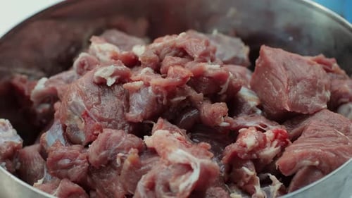 Raw Mutton in Metall Bowl Closeup Muttons Meat for Uzbek Pilaf Turkey Food Chef Preparing a Bif