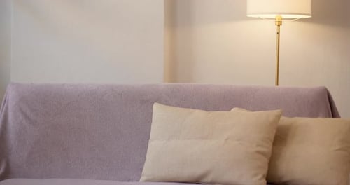 Relaxed Adult Smiling on Lilac Couch at Home