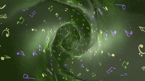 Music notes swirl in green tunnel