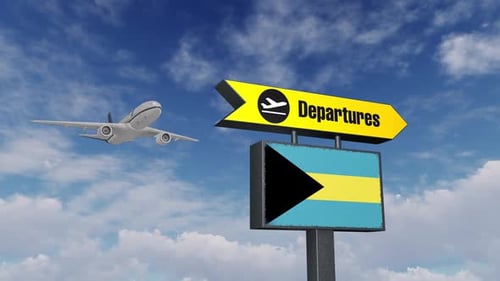 Bahamas Departures Sign with Airplane Flyby Animation