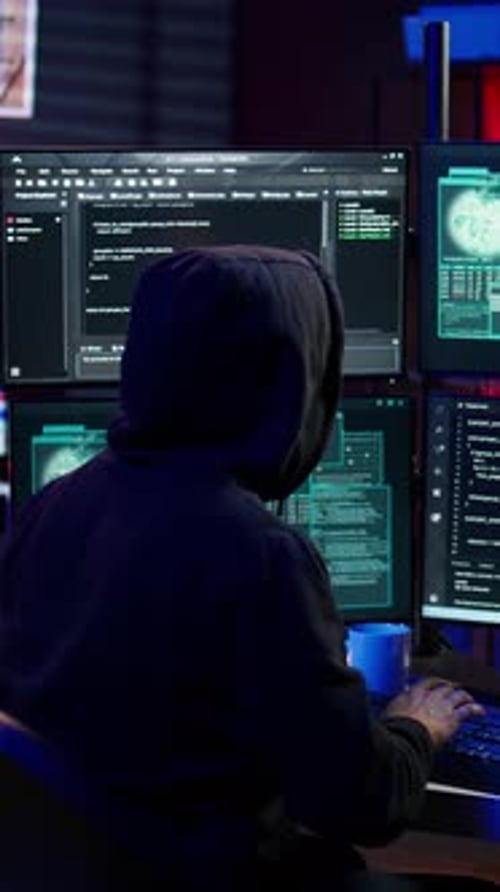 Vertikaler Video-Hacker ist glücklich, nachdem er erfolgreich Computersabotage mit Ransomware durchgeführt hat