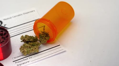 Close Up of Medical Cannabis with Bottle and Grinder