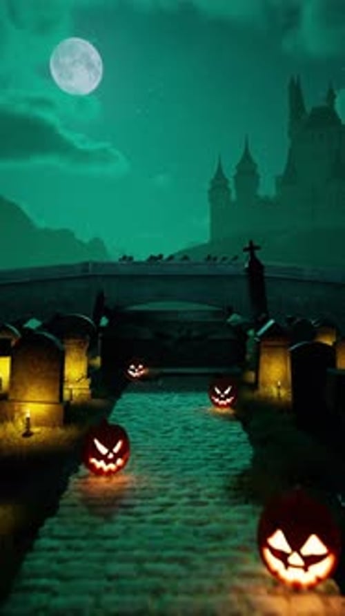 CGI Halloween Cemetery Scene with Bats Holding Template Banner