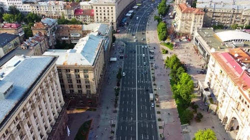 Flying above the famous Khreschatyk street. Main street in the capital of Ukraine, Kyiv. Historical