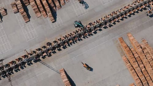 Wood processing plant with forklifts handling timber