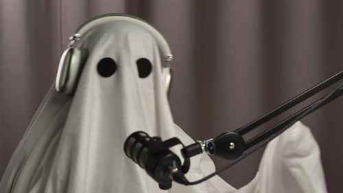 Funny Ghost in a White Sheet and Headphones Recording a Podcast