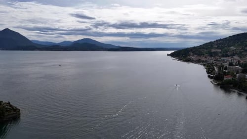 Drone shot of Lake Maggiore (also known as Verbano) in Italy