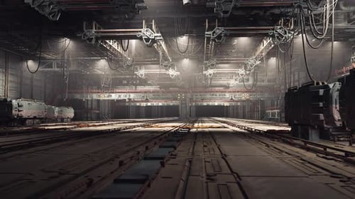 Dim Production Hall with Automated Assembly Lines and Sensors