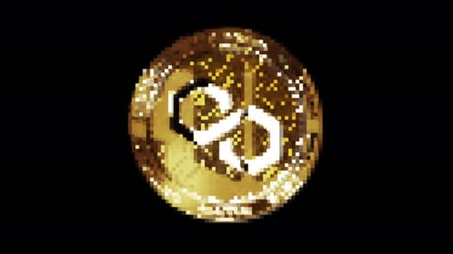 Polygon Matic Kryptowährung goldene Münzschleife auf Pixel Retro-Stil