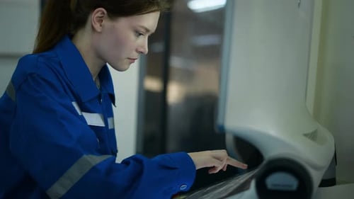 Female Robotics engineers Using Controller to Remotely Operate programming