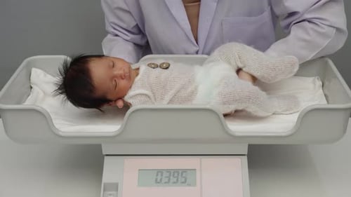 newborn baby weight measurement on the digital scales with doctor in hospital