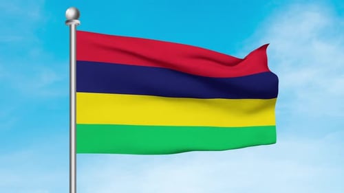 Mauritius National Flag Waving Loop with Realistic Wind and Blue Sky