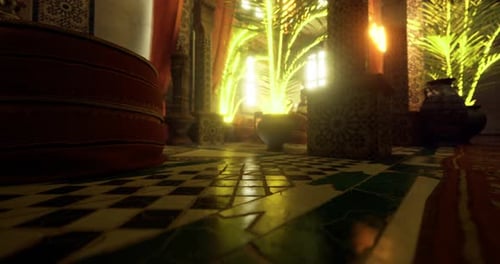 Intérieur d'un riad marocain animé rempli de soleil et de verdure
