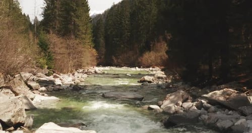 Aerial shot of a river of mountains surrounded by nature in a magical, relaxing and green place.