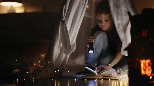 Cute Little Boy with Flashlight Lying in Bed and Reading Book in Darkness