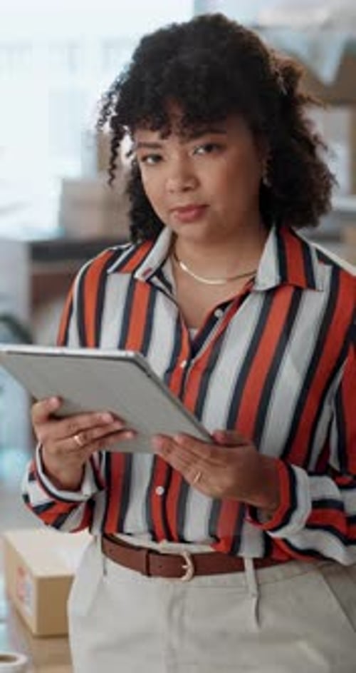 Designer, tablet and happy professional woman for ecommerce store delivery