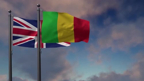 United Kingdom and Mali Flags Waving Realistically in Blue Sky