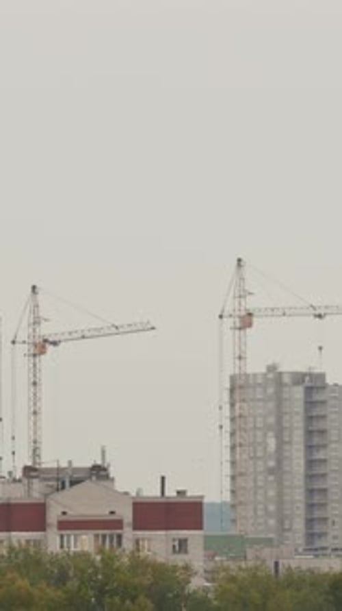 Residential Houses Workers on Construction Site Building New Living District