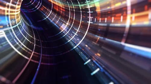 Glowing digital tunnel with neon lights