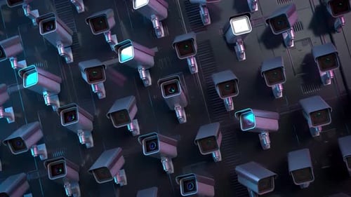 Animated Security Cameras Grid with Glowing Lenses