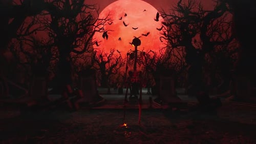 Skeleton Rises in Graveyard Against Blood Moon and Spooky Forest with Flying Bats