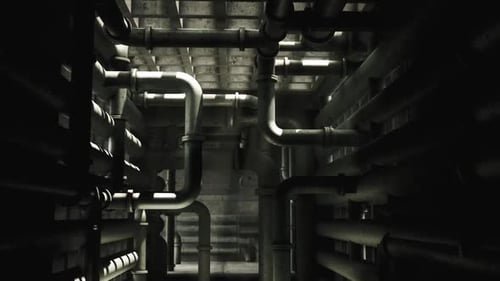Exploring a Dark Concrete Industrial Space Filled with Pipes