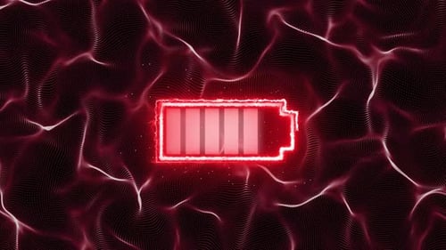 Neon Red Battery Charging Animation on Abstract Digital Background