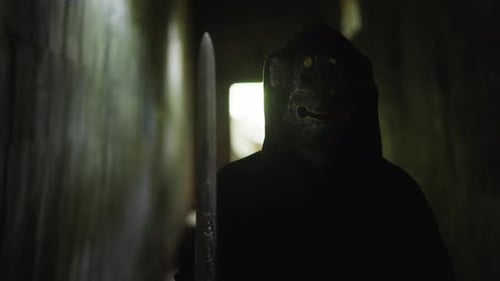 Masked Figure Sword Display in Dark Tunnel