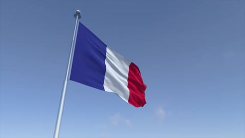 French Flag Waving In Realistic Blue Sky