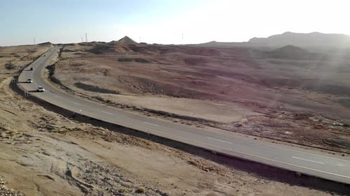 Cars in the desert Road, aerial view