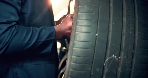 Mechanic Changing Car Tire in Auto Repair Shop