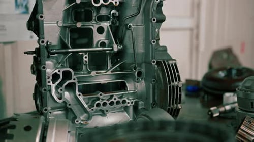 Close-up of parts of a clean engine block removed from a car for repair which lie on a table