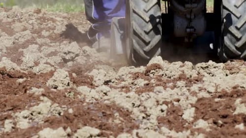Farmer man driving small hand tractor in the spring for soil cultivation to prepare soil for gardeni