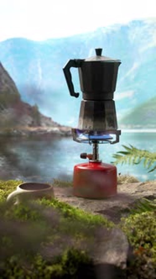 Moka Pot on Camping Stove by Lake