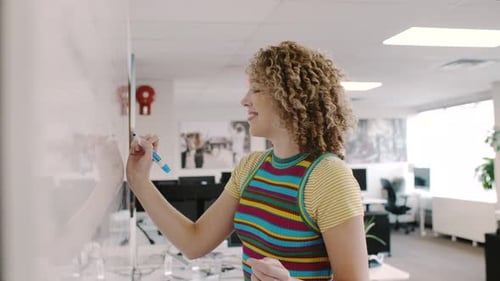 Young Creative Businesswoman Brainstorming at Whiteboard in Office 2529 Years