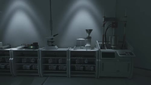 Laboratory Equipment Displayed in a Modern Scientific Facility at Night