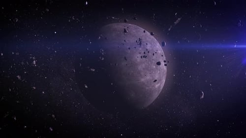 der Mond, umgeben von treibenden Asteroiden.