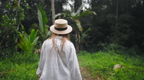 Carefree Blonde Woman in Straw Hat Admire View Mountain Waterfall in Wild Nature Girl Tourist in