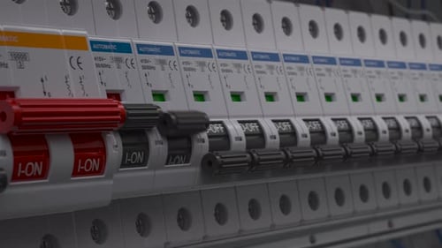 Electrical Circuit Breakers in Fuse Box Electricity Power Switch on Off 3d Animation