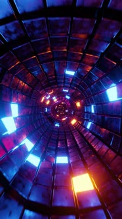 Voler à travers un tunnel circulaire avec des panneaux au néon. Animation en boucle
.