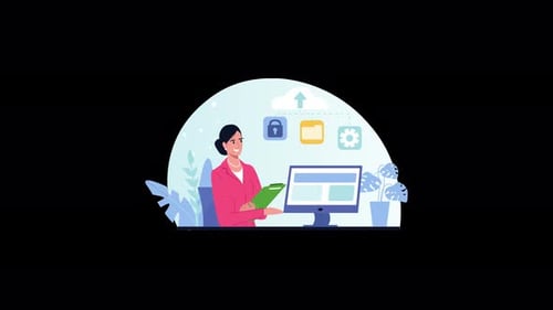 Woman working at a computer with security features illustrated