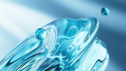 Abstract Blue Liquid Flowing Forms with Glass Spheres Background